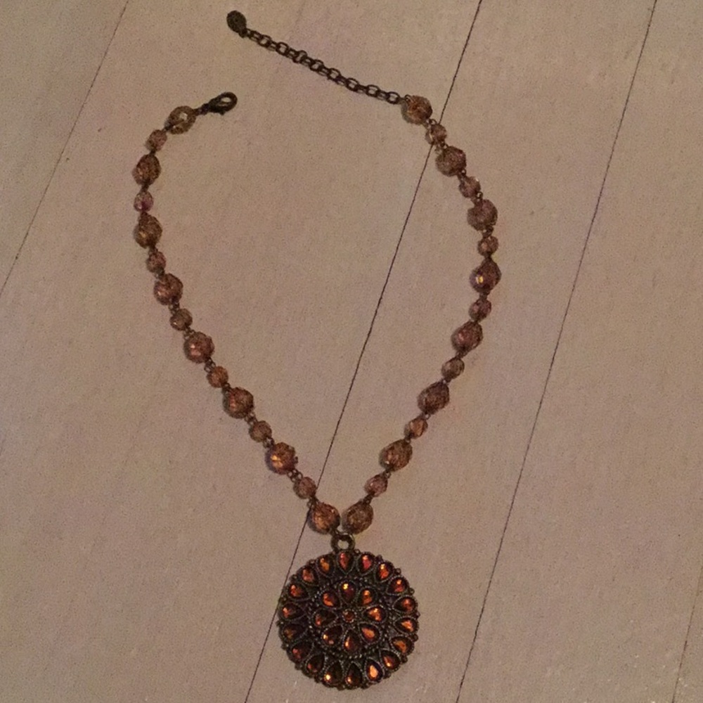 Necklace, orange and taupe colored beaded necklace